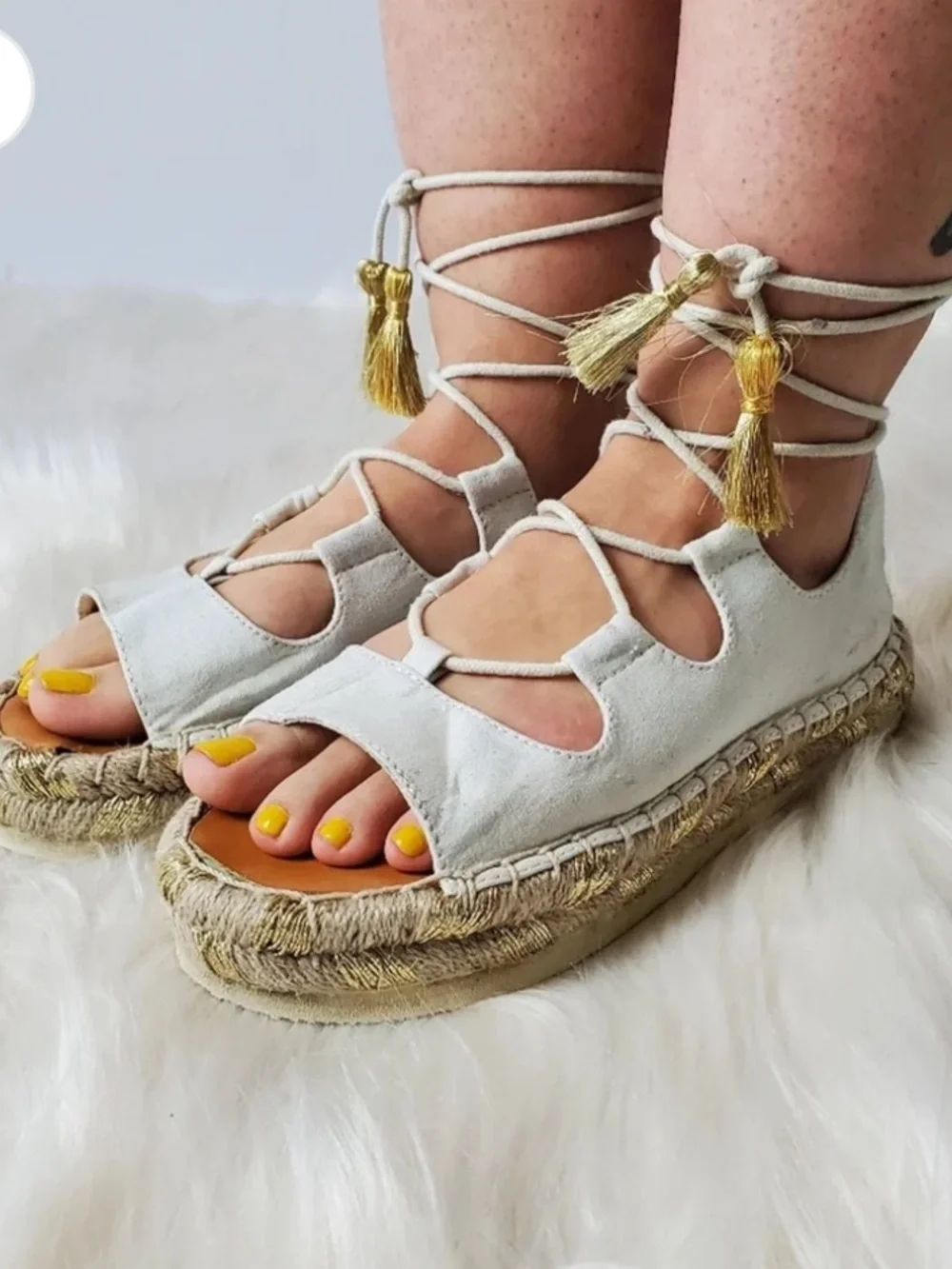 American Eagle White Lace-Up Espadrille Sandals with Gold Tassels - Women
